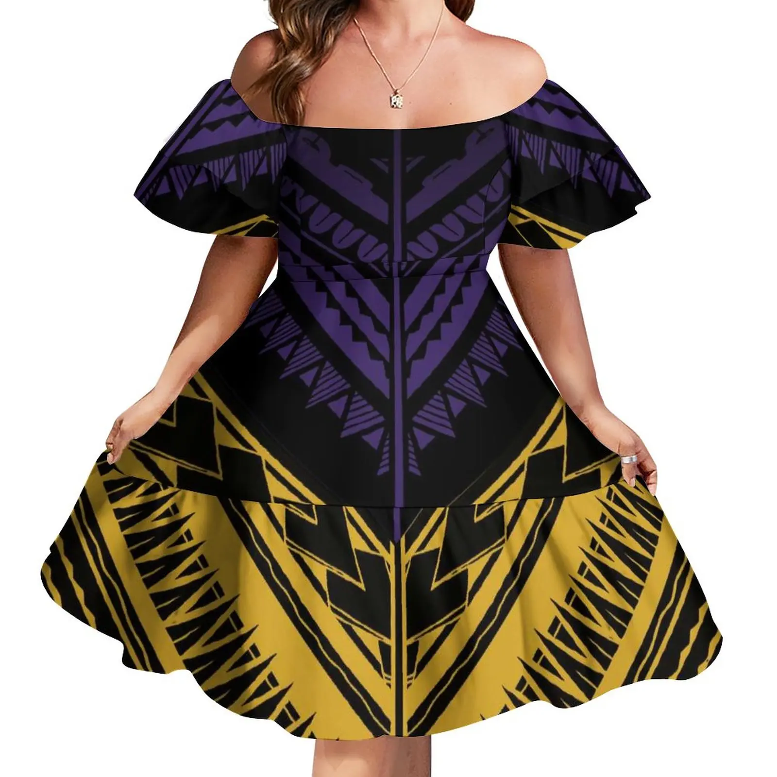 Custom Logo Pacific Island Art Sustainable Ruffle Sleeve Dress Hawaii Tribal Polynesian Hibiscus Sublimation Print Short Dresses