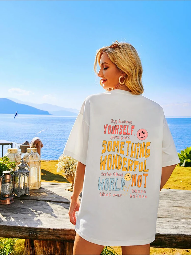 Summer Tshirt For Women Be Yourself And Bring Beauty To The World Happy Face Soft Comfortable Tee Beach Casual Female Tops