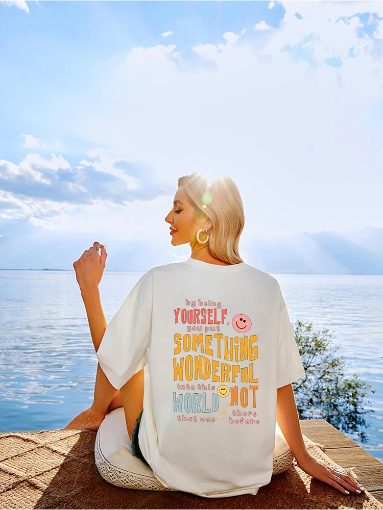 Summer Tshirt For Women Be Yourself And Bring Beauty To The World Happy Face Soft Comfortable Tee Beach Casual Female Tops