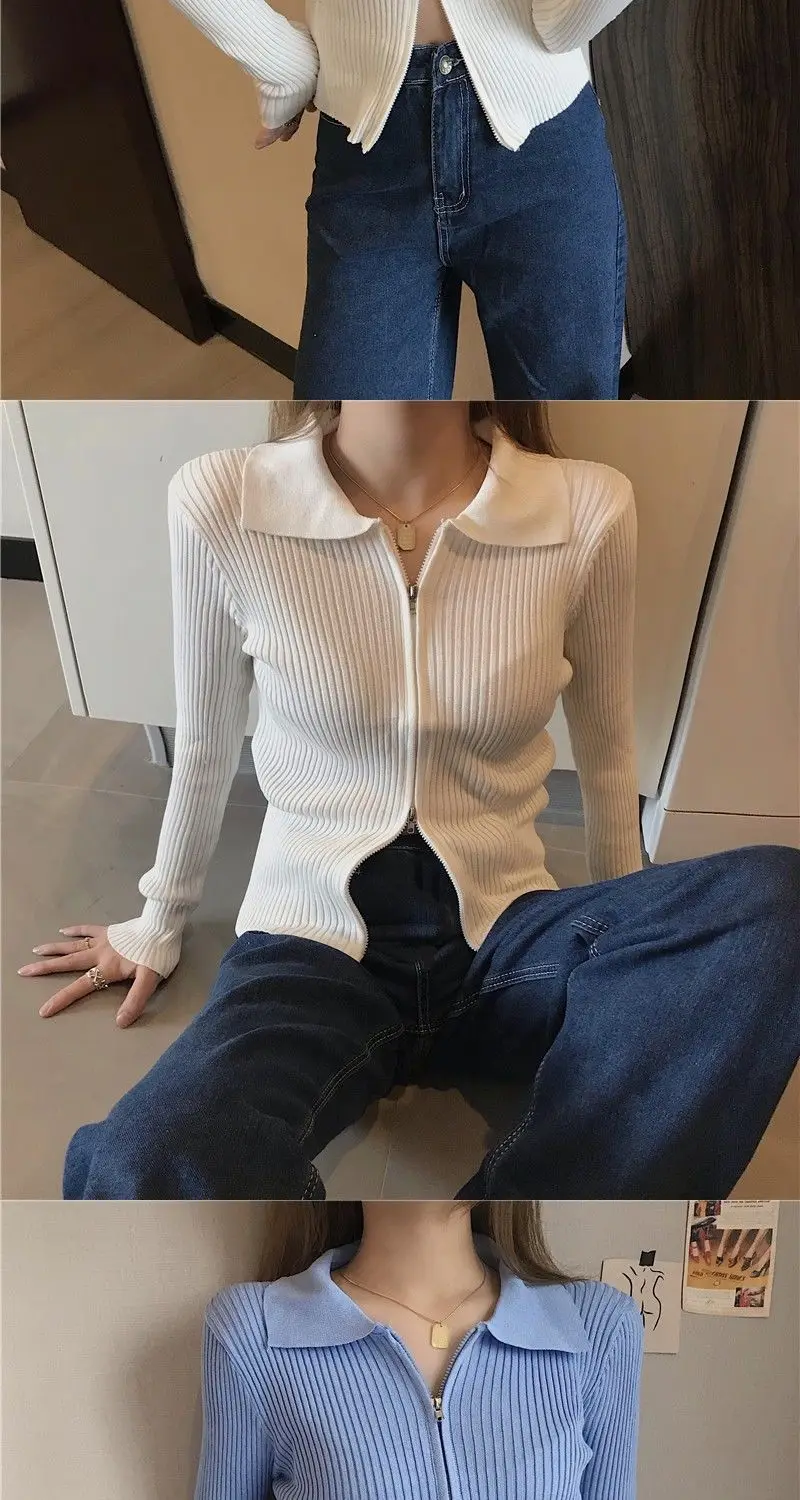 Two Way Cardigans Korean Fashion Sweater Woman Winter 2022 Long Sleeve Knit Cardigan Vintage Zipper Top Coat Black Tricot Y2K