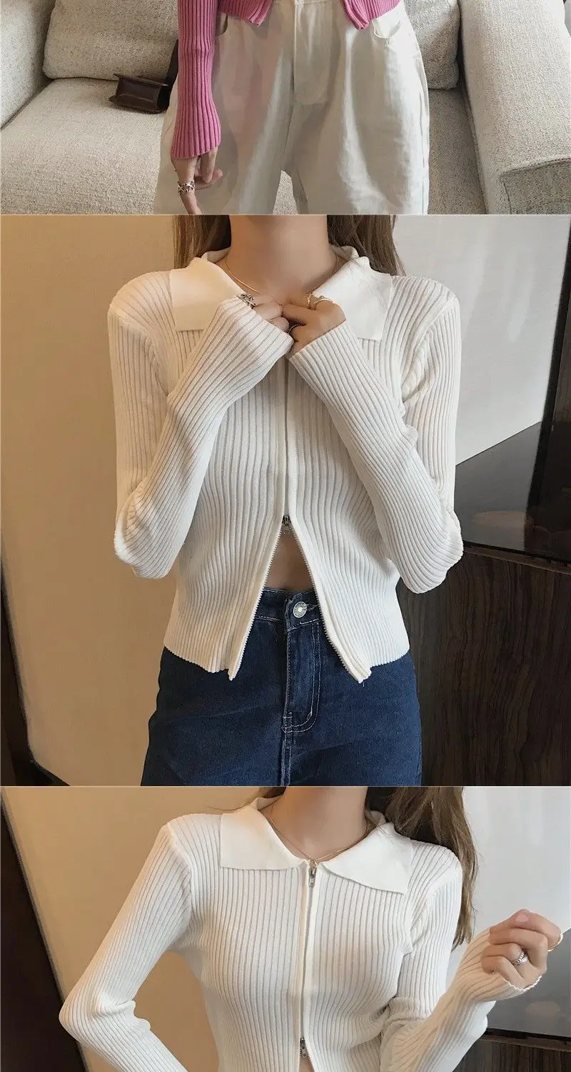 Two Way Cardigans Korean Fashion Sweater Woman Winter 2022 Long Sleeve Knit Cardigan Vintage Zipper Top Coat Black Tricot Y2K