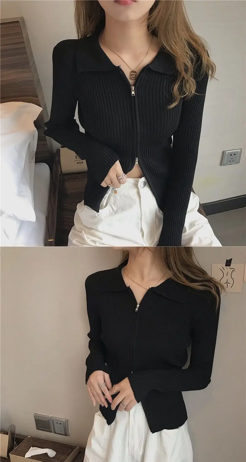 Two Way Cardigans Korean Fashion Sweater Woman Winter 2022 Long Sleeve Knit Cardigan Vintage Zipper Top Coat Black Tricot Y2K