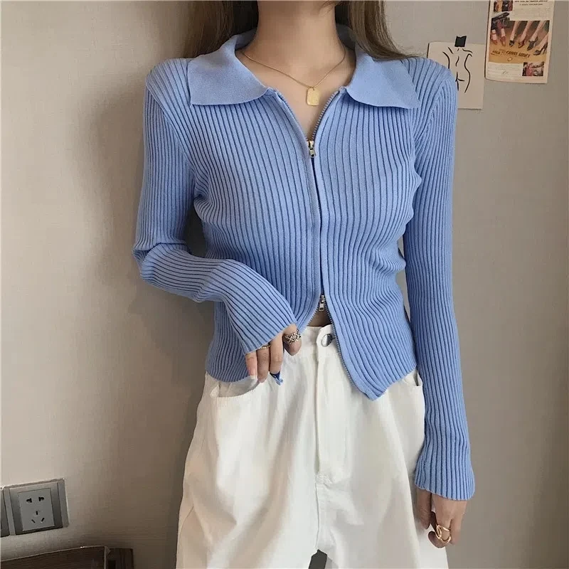 Two Way Cardigans Korean Fashion Sweater Woman Winter 2022 Long Sleeve Knit Cardigan Vintage Zipper Top Coat Black Tricot Y2K