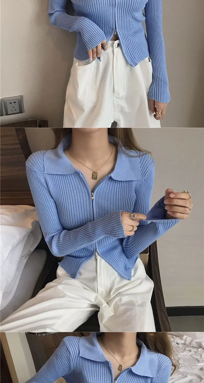 Two Way Cardigans Korean Fashion Sweater Woman Winter 2022 Long Sleeve Knit Cardigan Vintage Zipper Top Coat Black Tricot Y2K