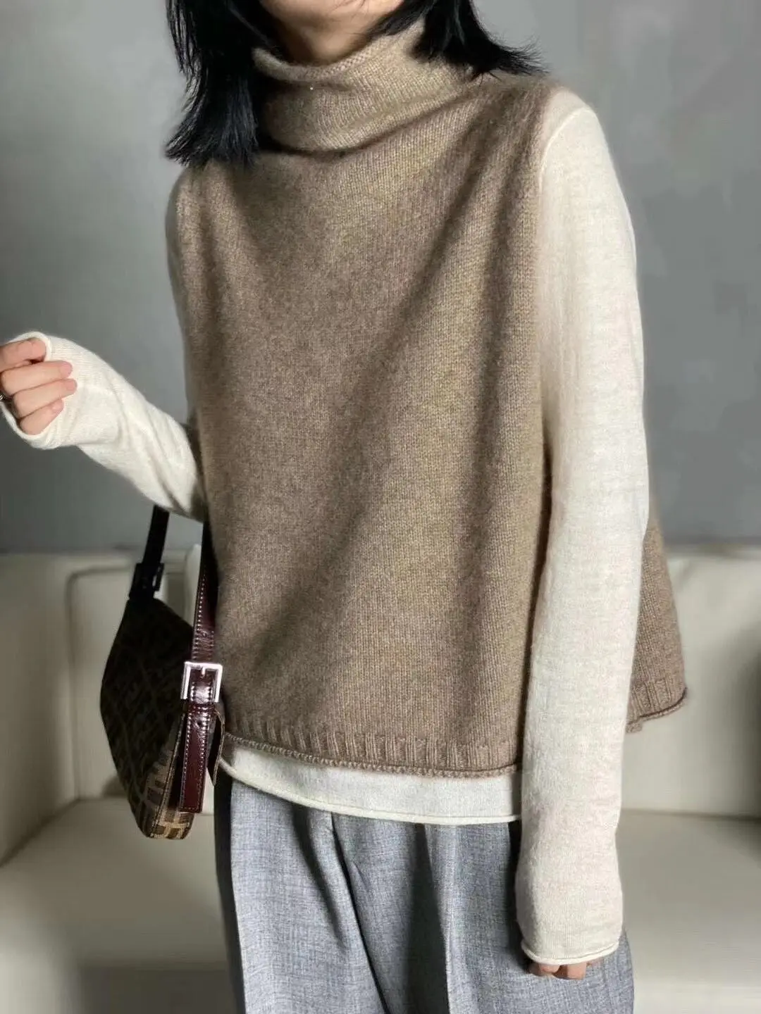 Cashmere Vest for Women, High Neck Pullover, Casual Knit Top, Sleeveless Jacket, Plus Size Waistcoat, Autumn and Winter
