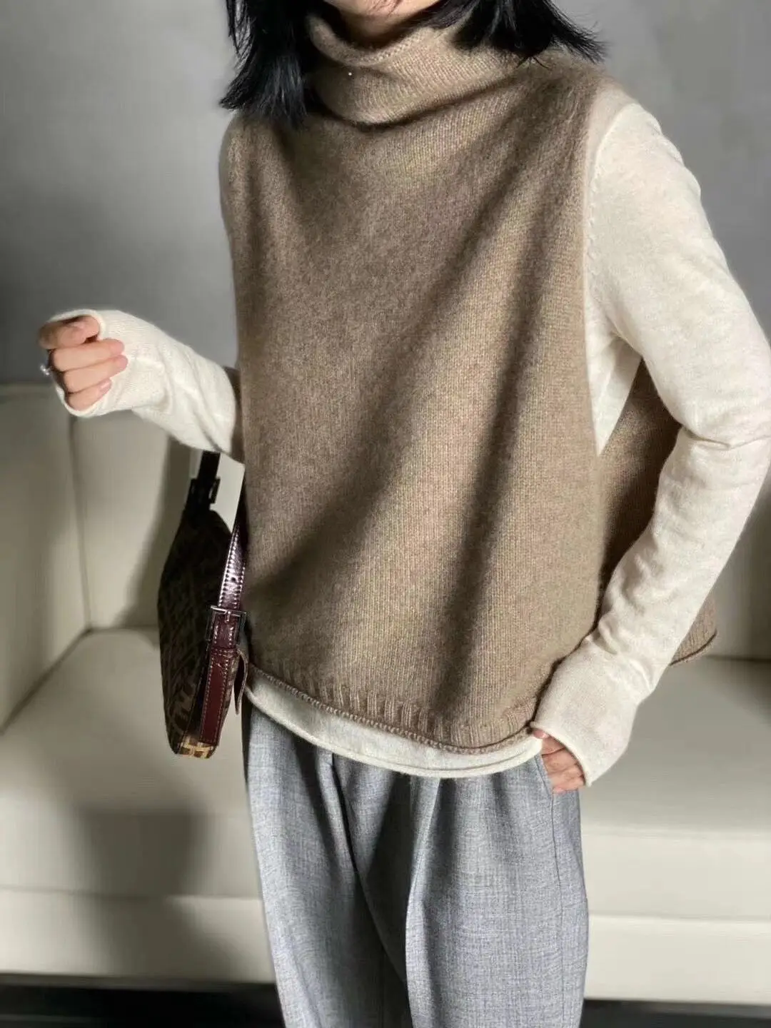 Cashmere Vest for Women, High Neck Pullover, Casual Knit Top, Sleeveless Jacket, Plus Size Waistcoat, Autumn and Winter