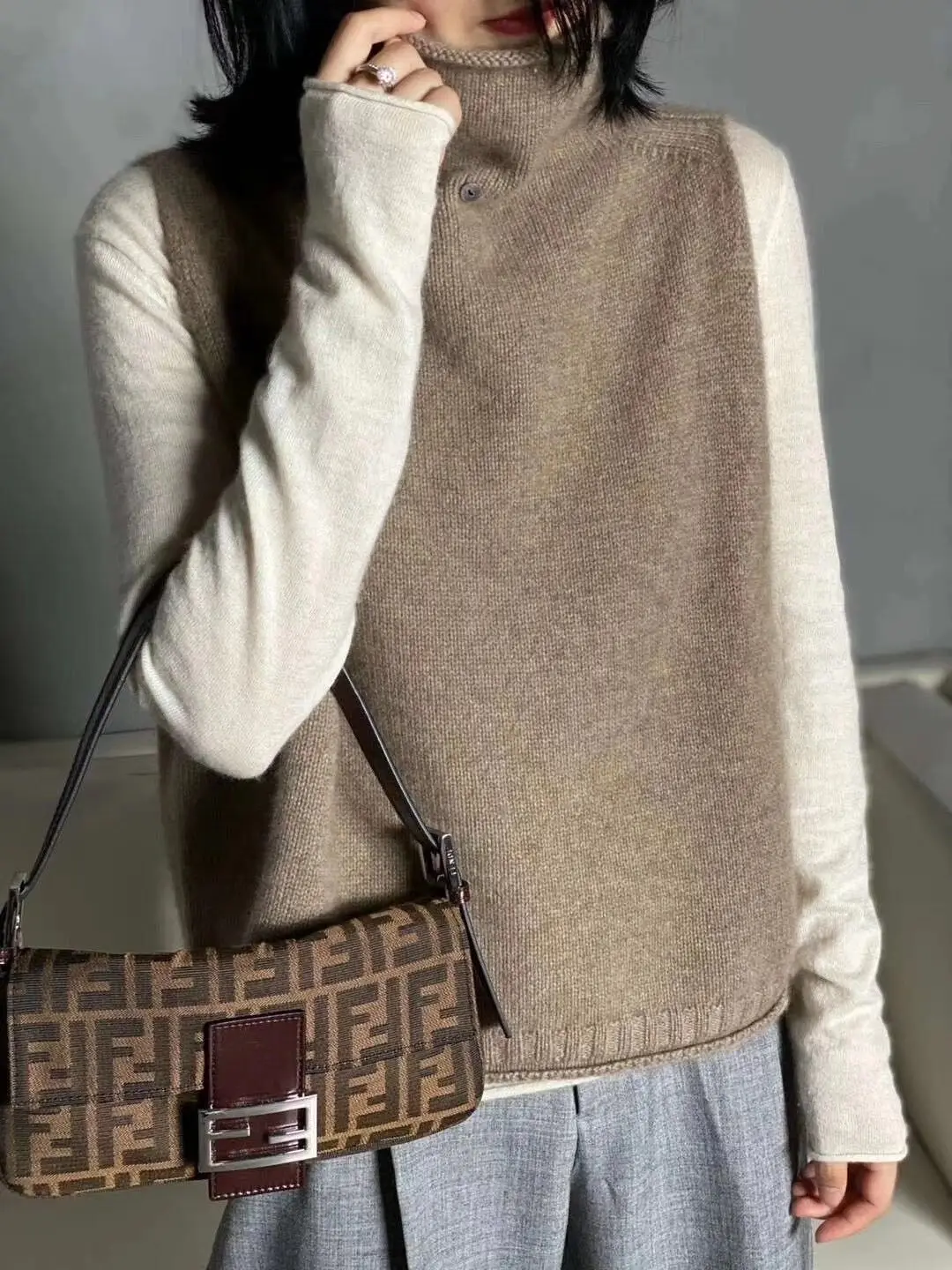 Cashmere Vest for Women, High Neck Pullover, Casual Knit Top, Sleeveless Jacket, Plus Size Waistcoat, Autumn and Winter