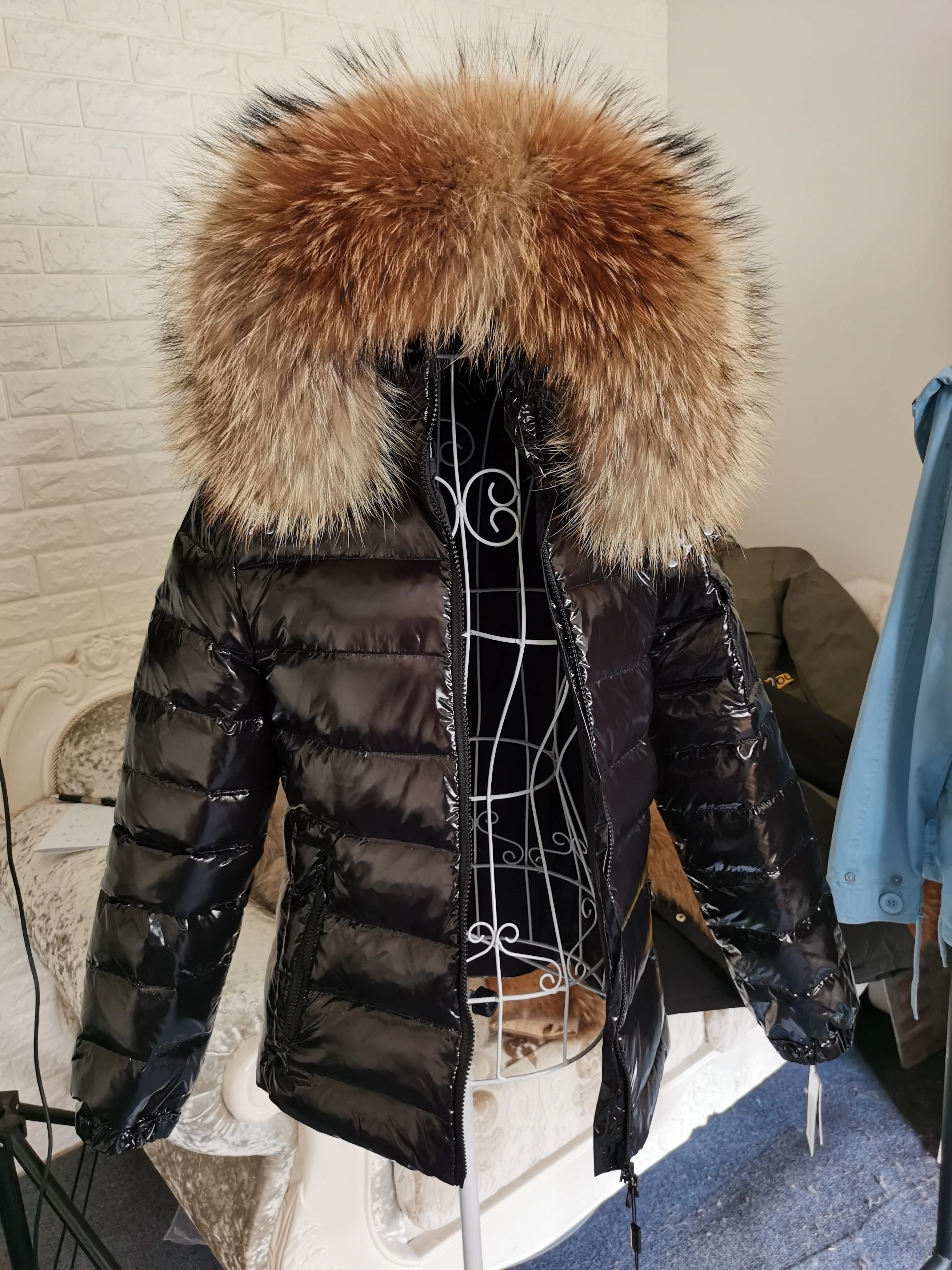 Maomaokong Winter waterproof Jacket Women Real White Duck Down Lining Coat natural Raccoon Fur Collar Warm Black down jacket
