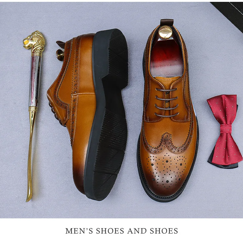 Handmade Leather Shoes Men Summer New Brogue Carved Business Dress Shoe Mens Black Casual Increase British Lace-Up Oxfrods