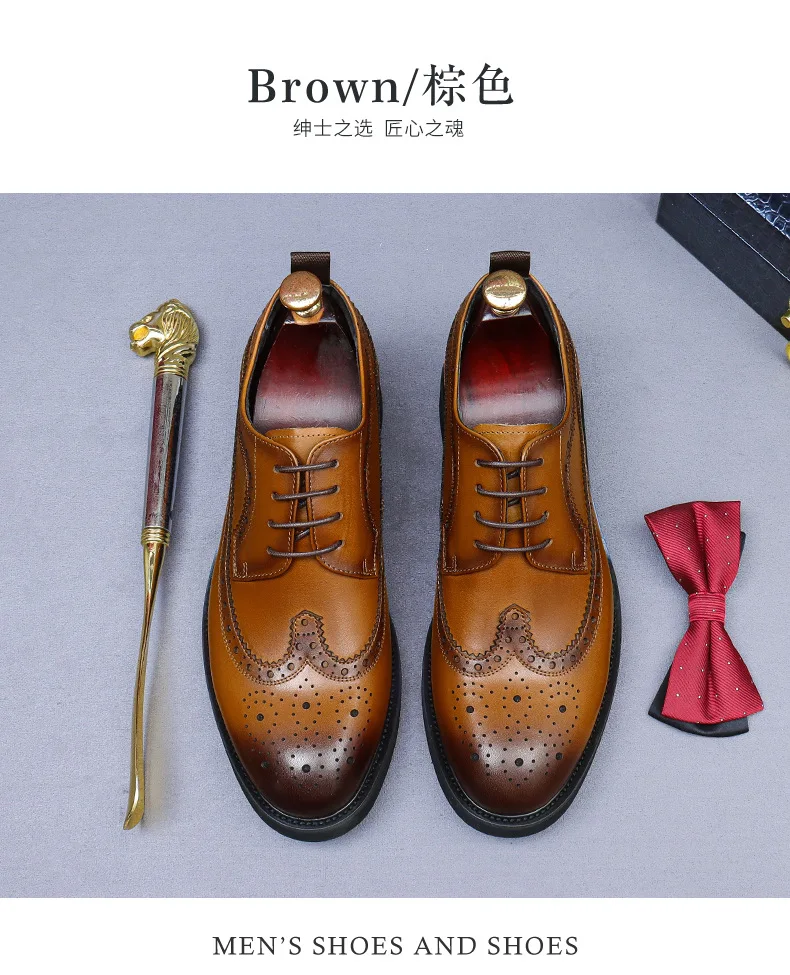 Handmade Leather Shoes Men Summer New Brogue Carved Business Dress Shoe Mens Black Casual Increase British Lace-Up Oxfrods