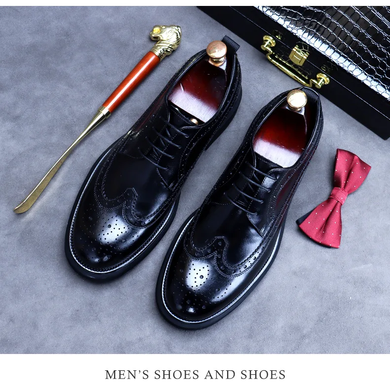 Handmade Leather Shoes Men Summer New Brogue Carved Business Dress Shoe Mens Black Casual Increase British Lace-Up Oxfrods