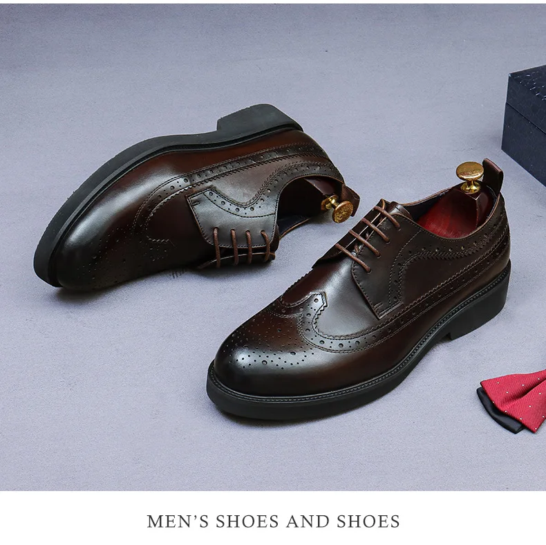 Handmade Leather Shoes Men Summer New Brogue Carved Business Dress Shoe Mens Black Casual Increase British Lace-Up Oxfrods