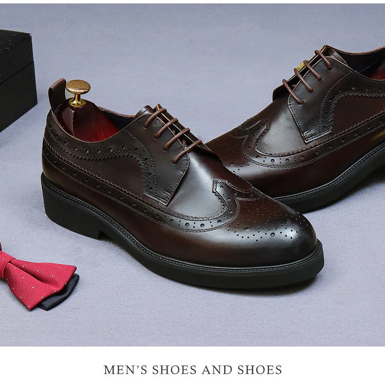 Handmade Leather Shoes Men Summer New Brogue Carved Business Dress Shoe Mens Black Casual Increase British Lace-Up Oxfrods