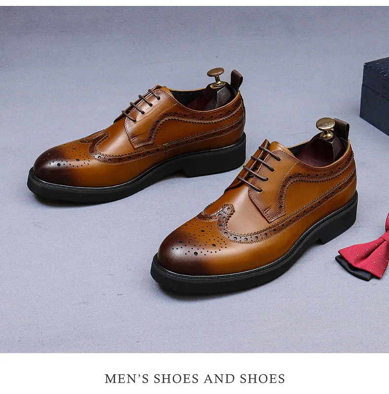 Handmade Leather Shoes Men Summer New Brogue Carved Business Dress Shoe Mens Black Casual Increase British Lace-Up Oxfrods