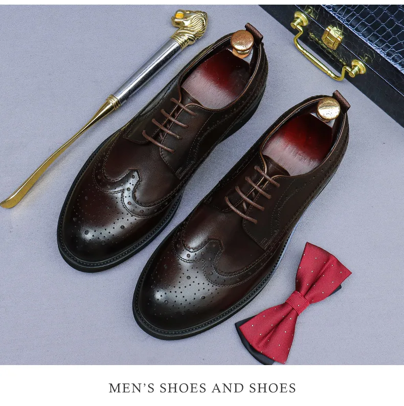 Handmade Leather Shoes Men Summer New Brogue Carved Business Dress Shoe Mens Black Casual Increase British Lace-Up Oxfrods