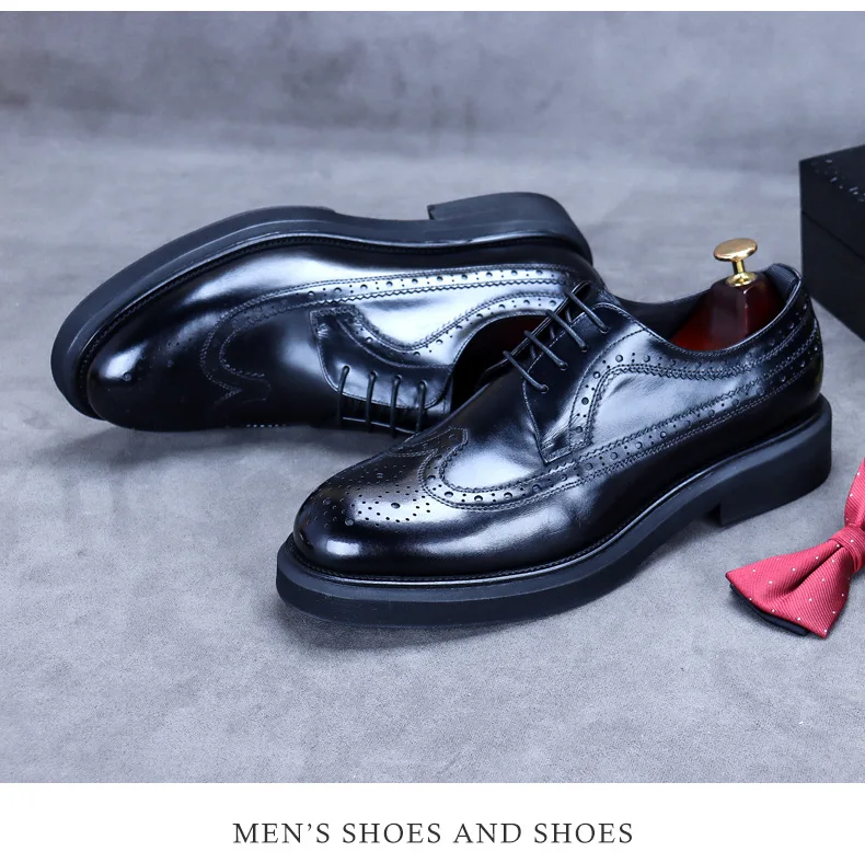 Handmade Leather Shoes Men Summer New Brogue Carved Business Dress Shoe Mens Black Casual Increase British Lace-Up Oxfrods