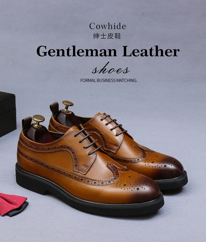 Handmade Leather Shoes Men Summer New Brogue Carved Business Dress Shoe Mens Black Casual Increase British Lace-Up Oxfrods