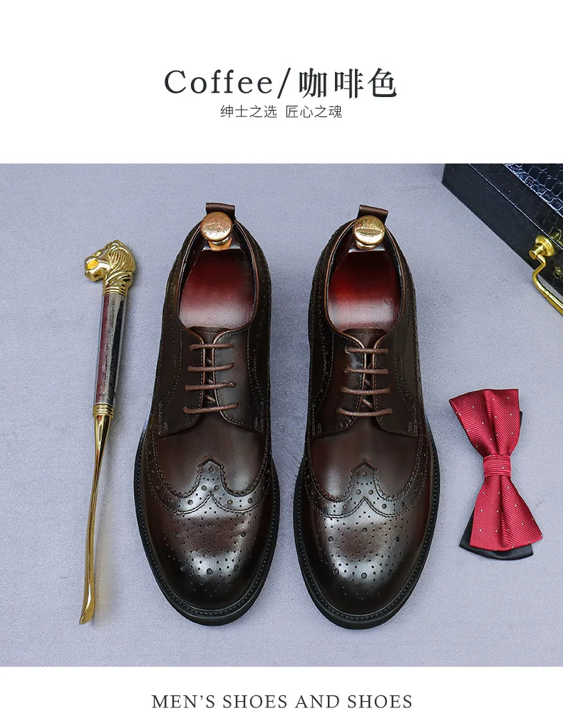 Handmade Leather Shoes Men Summer New Brogue Carved Business Dress Shoe Mens Black Casual Increase British Lace-Up Oxfrods