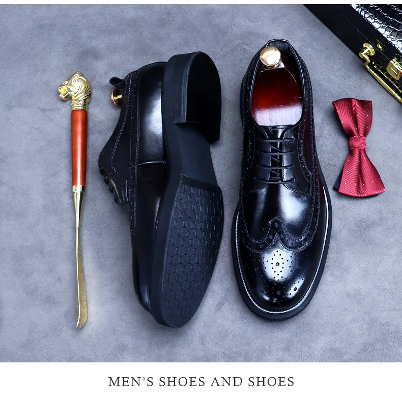 Handmade Leather Shoes Men Summer New Brogue Carved Business Dress Shoe Mens Black Casual Increase British Lace-Up Oxfrods