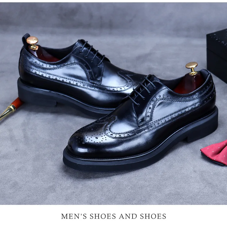 Handmade Leather Shoes Men Summer New Brogue Carved Business Dress Shoe Mens Black Casual Increase British Lace-Up Oxfrods