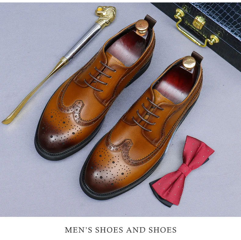 Handmade Leather Shoes Men Summer New Brogue Carved Business Dress Shoe Mens Black Casual Increase British Lace-Up Oxfrods
