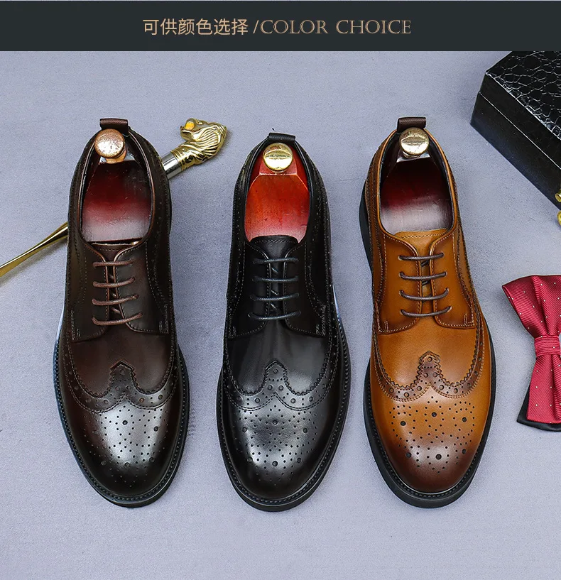 Handmade Leather Shoes Men Summer New Brogue Carved Business Dress Shoe Mens Black Casual Increase British Lace-Up Oxfrods