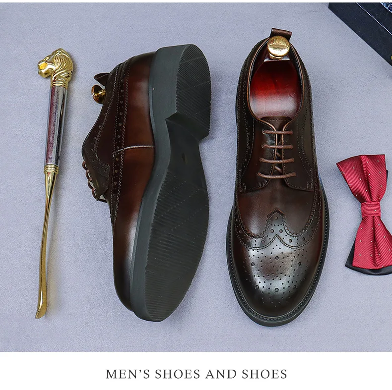 Handmade Leather Shoes Men Summer New Brogue Carved Business Dress Shoe Mens Black Casual Increase British Lace-Up Oxfrods