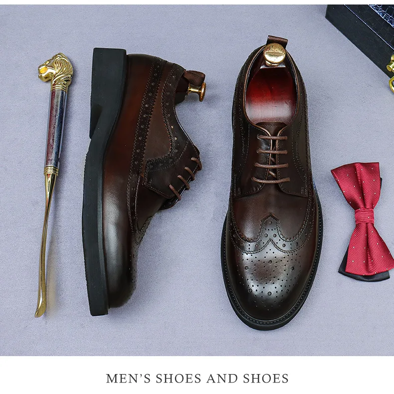 Handmade Leather Shoes Men Summer New Brogue Carved Business Dress Shoe Mens Black Casual Increase British Lace-Up Oxfrods
