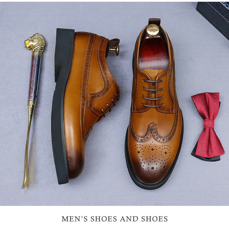Handmade Leather Shoes Men Summer New Brogue Carved Business Dress Shoe Mens Black Casual Increase British Lace-Up Oxfrods