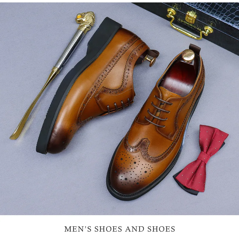 Handmade Leather Shoes Men Summer New Brogue Carved Business Dress Shoe Mens Black Casual Increase British Lace-Up Oxfrods