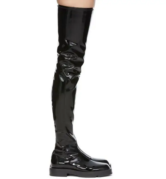 Winter Girls Black Elastic Patent Leather Over The Knee Thigh Boots Woman Round Toe Slim Slip On Long High Top 35 MM Botas Shoes
