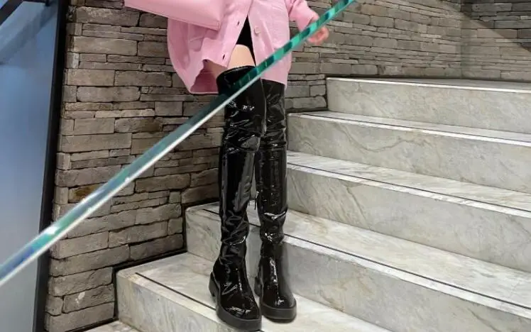 Winter Girls Black Elastic Patent Leather Over The Knee Thigh Boots Woman Round Toe Slim Slip On Long High Top 35 MM Botas Shoes