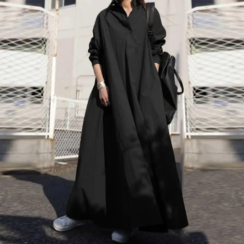 ZANZEA 2025 Autumn Sundress Stylish Women Long Sleeve Loose Dress Casual Solid Maxi Long Dresses Robe Femme Work Vestidos Kaftan
