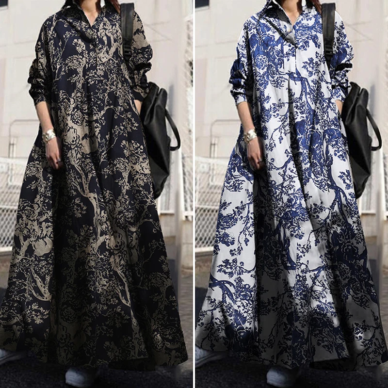 ZANZEA 2025 Autumn Sundress Stylish Women Long Sleeve Loose Dress Casual Solid Maxi Long Dresses Robe Femme Work Vestidos Kaftan
