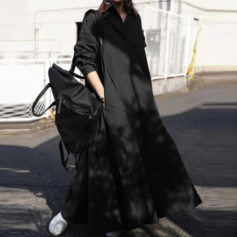 ZANZEA 2025 Autumn Sundress Stylish Women Long Sleeve Loose Dress Casual Solid Maxi Long Dresses Robe Femme Work Vestidos Kaftan