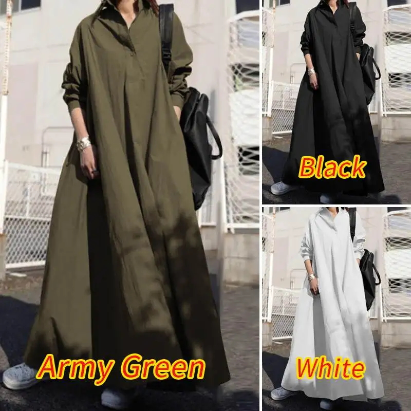 ZANZEA 2025 Autumn Sundress Stylish Women Long Sleeve Loose Dress Casual Solid Maxi Long Dresses Robe Femme Work Vestidos Kaftan