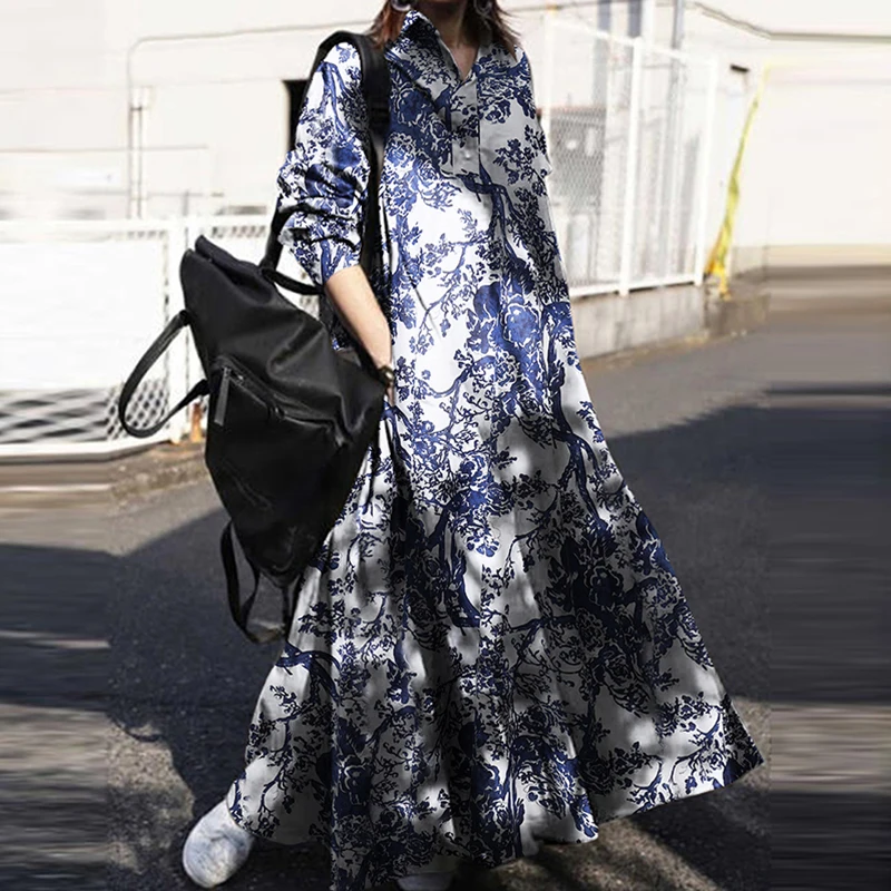 ZANZEA 2025 Autumn Sundress Stylish Women Long Sleeve Loose Dress Casual Solid Maxi Long Dresses Robe Femme Work Vestidos Kaftan