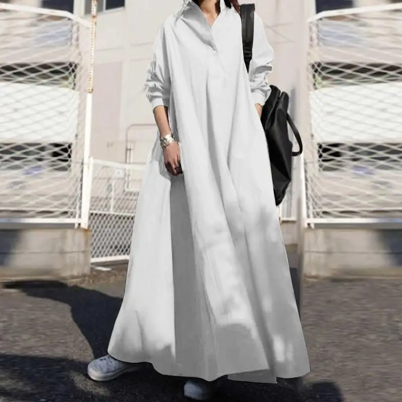 ZANZEA 2025 Autumn Sundress Stylish Women Long Sleeve Loose Dress Casual Solid Maxi Long Dresses Robe Femme Work Vestidos Kaftan