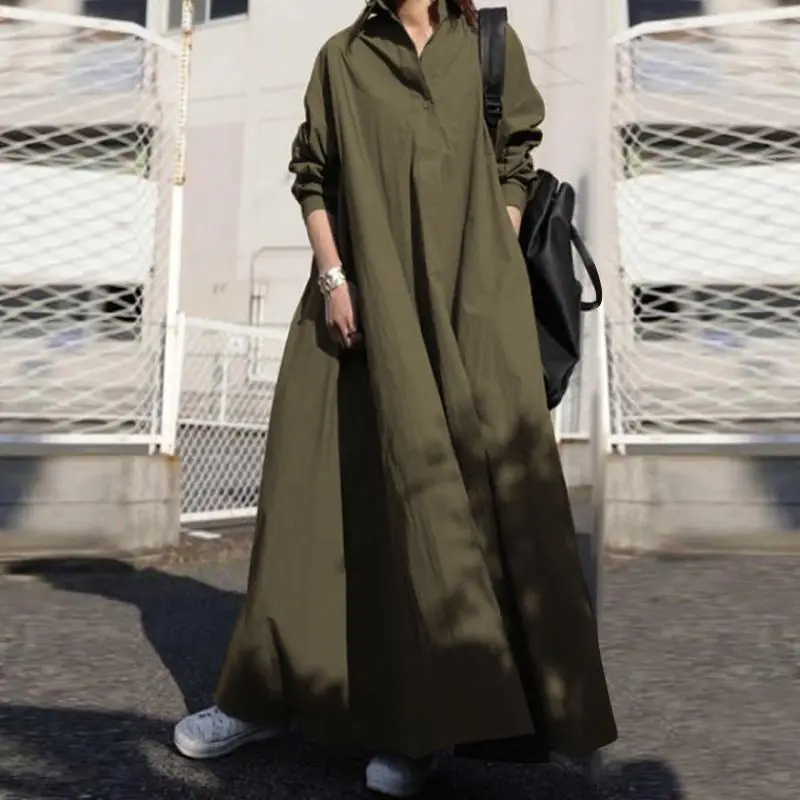 ZANZEA 2025 Autumn Sundress Stylish Women Long Sleeve Loose Dress Casual Solid Maxi Long Dresses Robe Femme Work Vestidos Kaftan