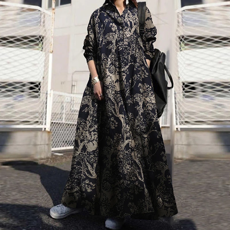 ZANZEA 2025 Autumn Sundress Stylish Women Long Sleeve Loose Dress Casual Solid Maxi Long Dresses Robe Femme Work Vestidos Kaftan