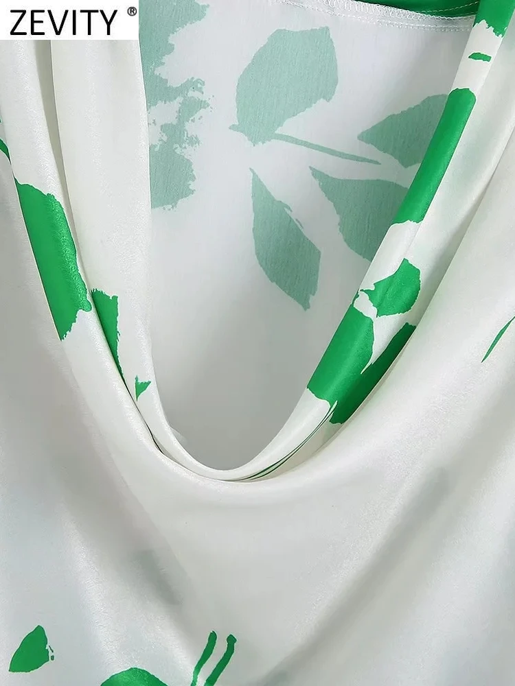 Zevity Women Fashion Pile Collar Pleated Green Leaves Print Satin Smock Blouses Lady Chic Long Sleeve Shirts Blusas Tops LS10093