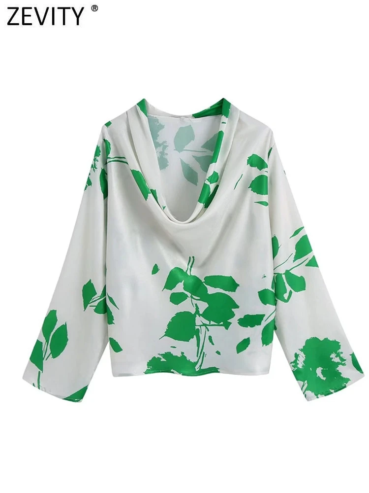 Zevity Women Fashion Pile Collar Pleated Green Leaves Print Satin Smock Blouses Lady Chic Long Sleeve Shirts Blusas Tops LS10093