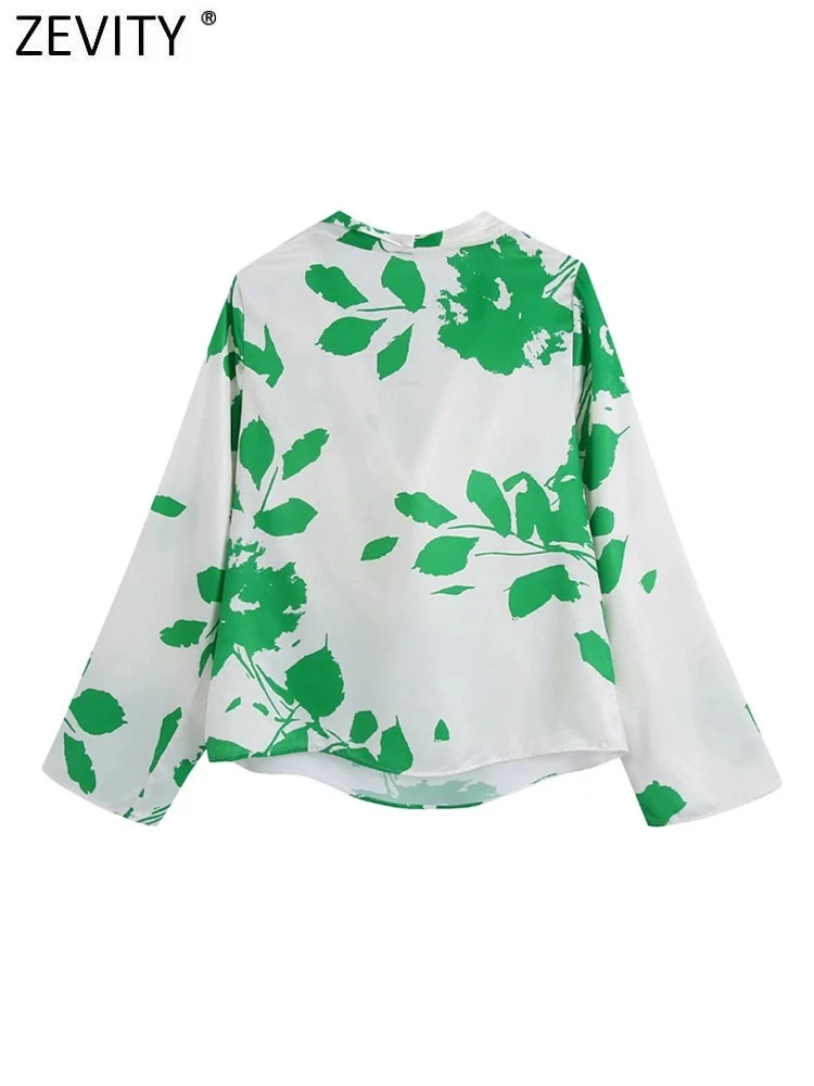 Zevity Women Fashion Pile Collar Pleated Green Leaves Print Satin Smock Blouses Lady Chic Long Sleeve Shirts Blusas Tops LS10093