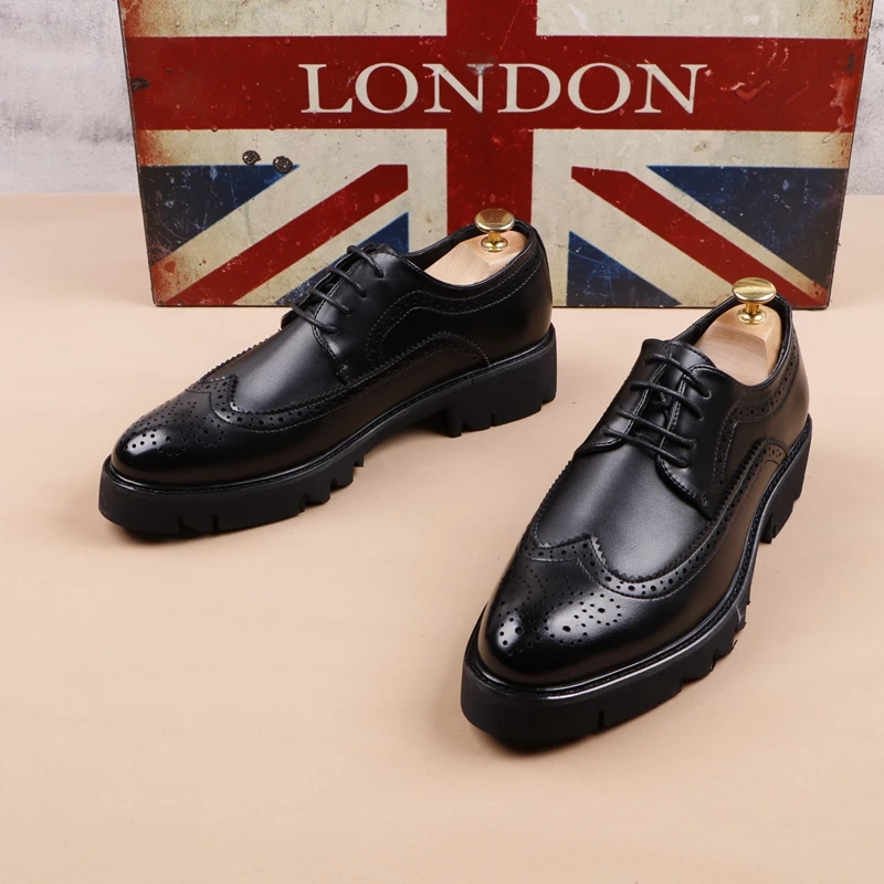 men casual business wedding formal dress genuine leather brogue shoes lace-up derby shoe black platform sneakers zapatos hombre