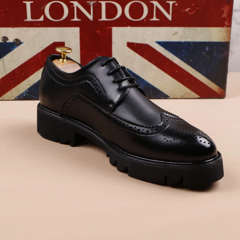 men casual business wedding formal dress genuine leather brogue shoes lace-up derby shoe black platform sneakers zapatos hombre