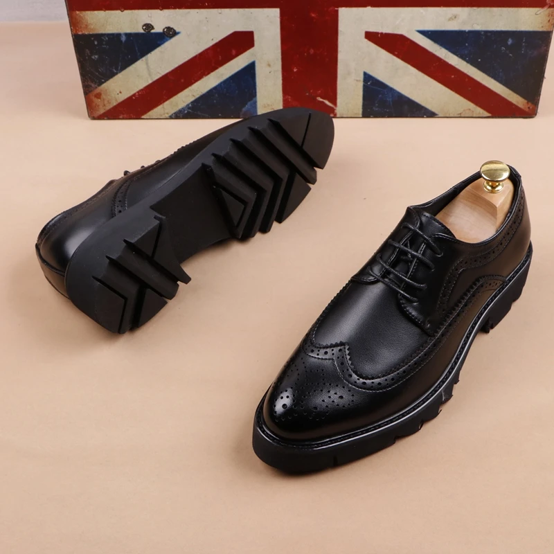 men casual business wedding formal dress genuine leather brogue shoes lace-up derby shoe black platform sneakers zapatos hombre