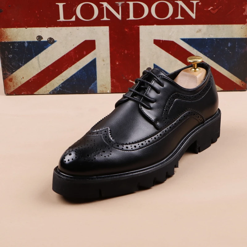 men casual business wedding formal dress genuine leather brogue shoes lace-up derby shoe black platform sneakers zapatos hombre