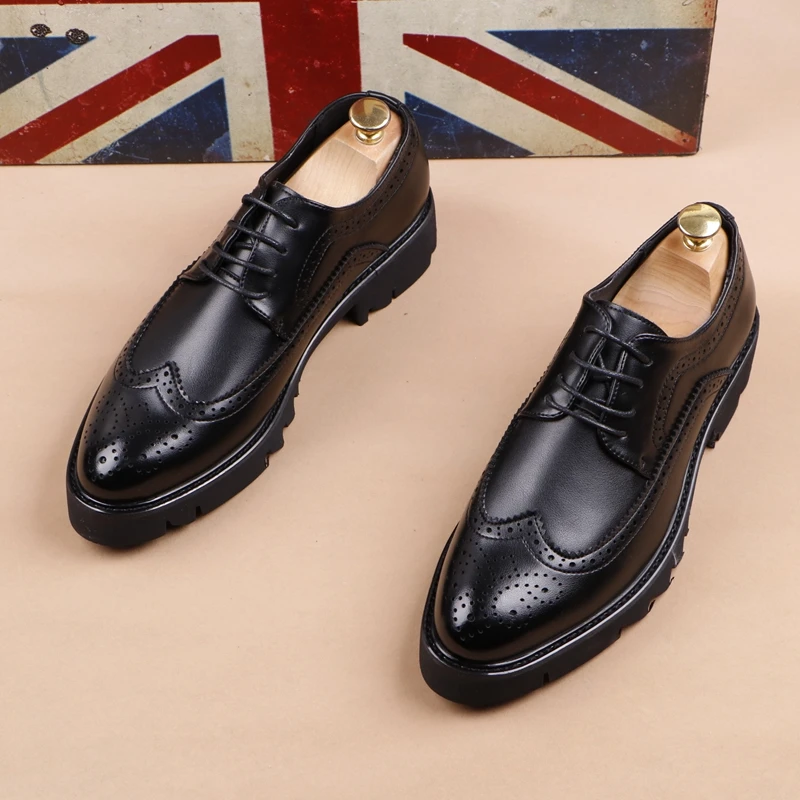 men casual business wedding formal dress genuine leather brogue shoes lace-up derby shoe black platform sneakers zapatos hombre