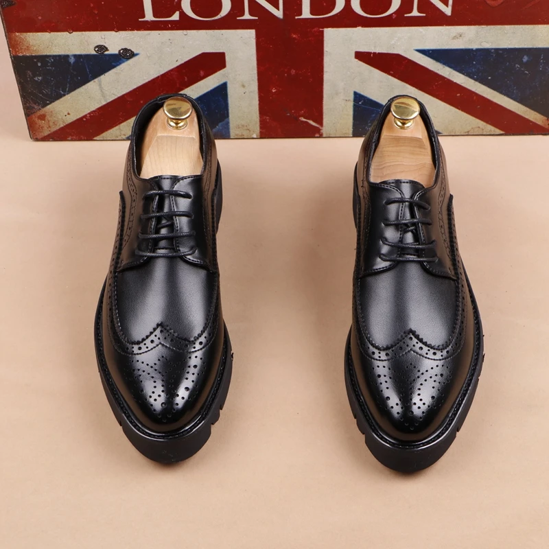 men casual business wedding formal dress genuine leather brogue shoes lace-up derby shoe black platform sneakers zapatos hombre