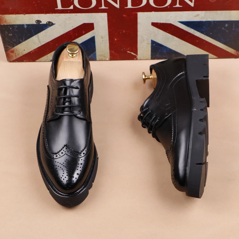 men casual business wedding formal dress genuine leather brogue shoes lace-up derby shoe black platform sneakers zapatos hombre